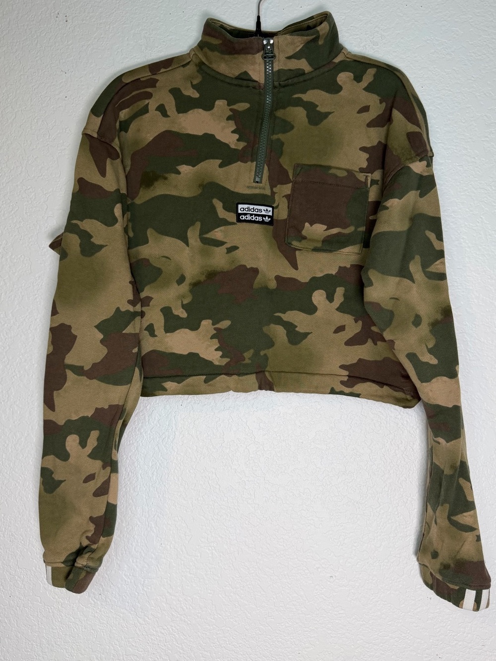 adidas Women’s Camo Quarter-Zip Cropped Sweatshirt in Green and Brown, Size S